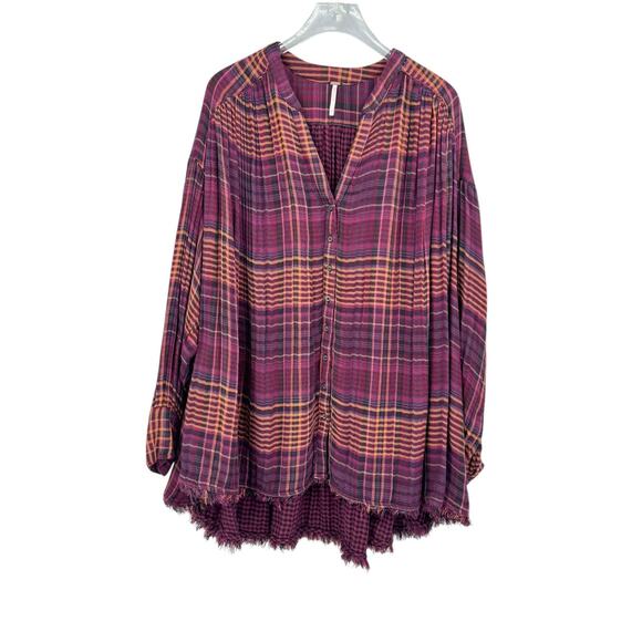 Free People Come On Over Maroon Wine Plaid Flannel Oversized Long Sleeve Shirt - Picture 11 of 14